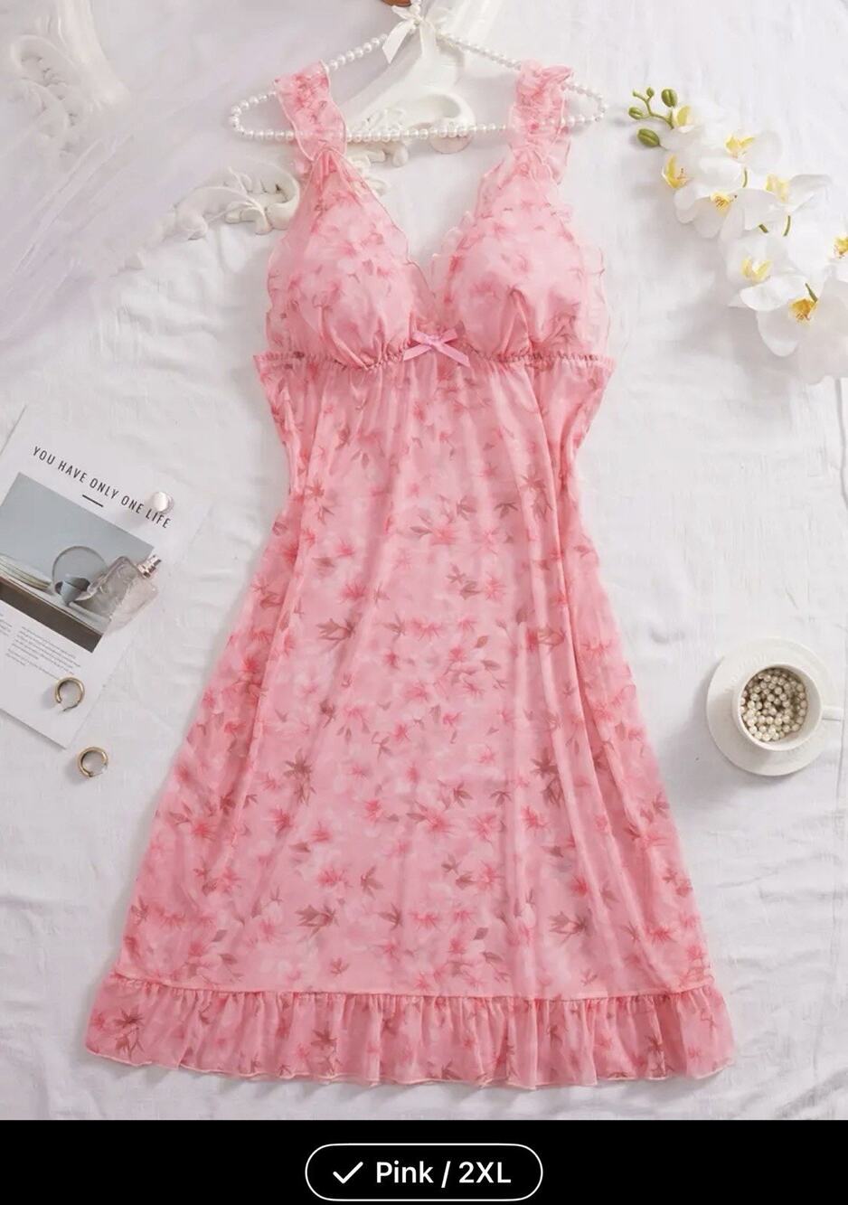 Pink Floral Lingerie With Ruffles At The Bottom Lace adjustable Straps XXL